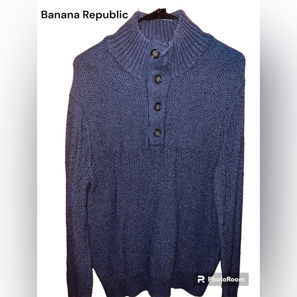Banana Republic Sweater Men Size Medium BLue/Gray 1/4 Snap Button Pullover